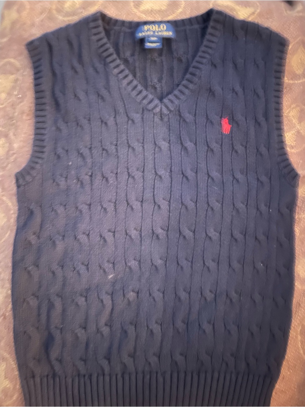 Ralph Lauren Navy Cable-Knit V-Neck Sweater Vest with Red Pony